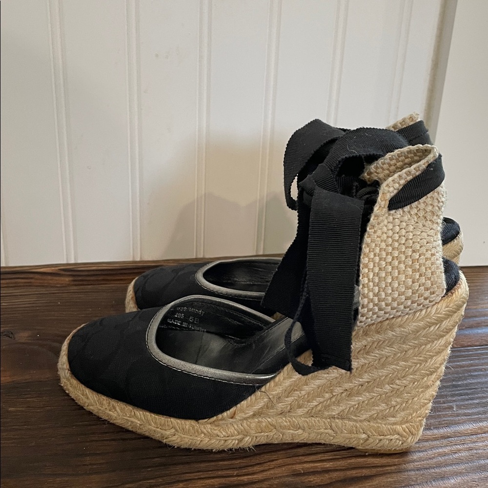 Coach Mindy Canvas Signature Black Espadrille Wedge Sandals - Picture 4 of 7